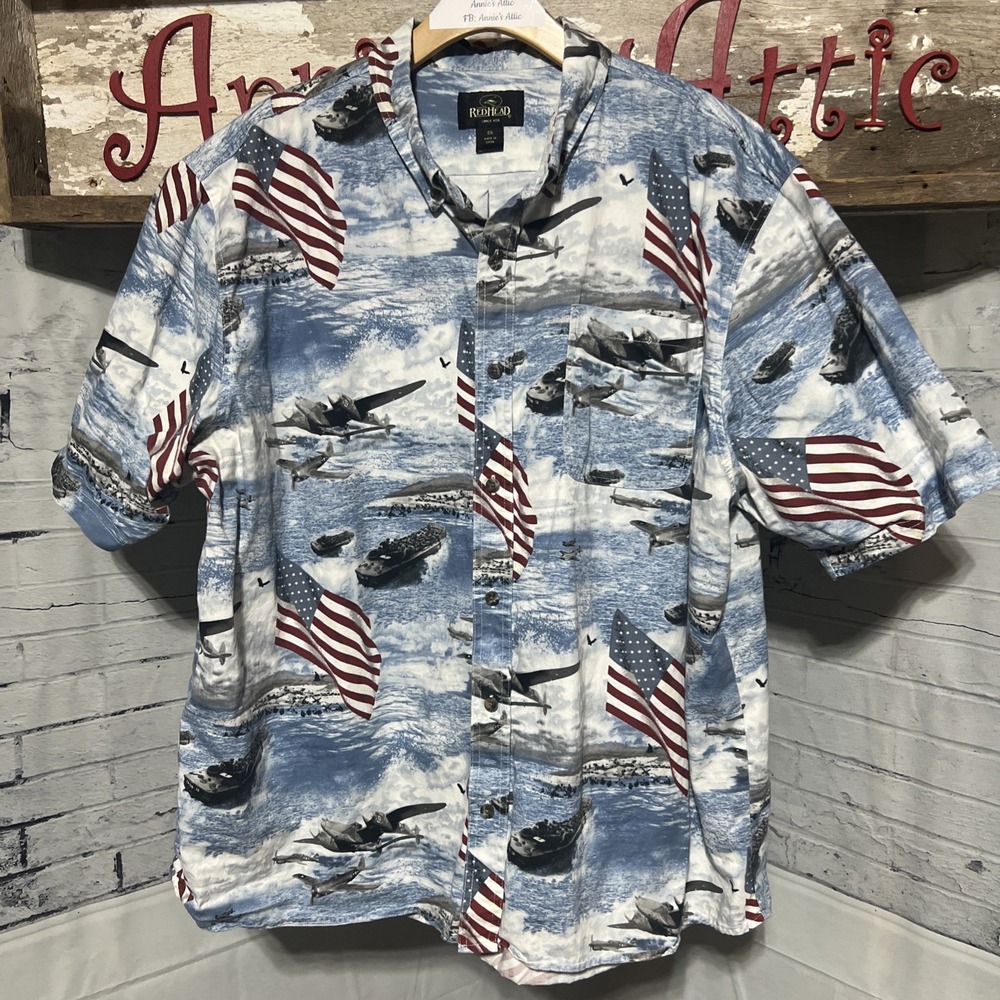 Red Head Men's Patriotic Button Shirt Men 3XL WWII Flag USA Airplane Boat SS